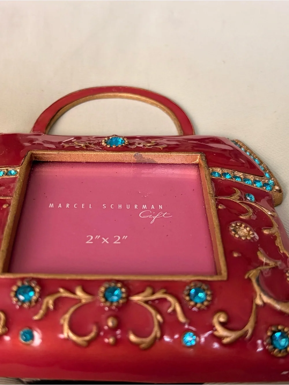 Retro Charming Blue Jeweled Embossed Handbag Picture Frame Accent